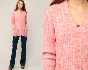70s Cardigan Boho Sweater Space Dye Hippie Sweater Orange Pink 1970s Button Up dyed Seventies Acrylic Knit Retro Vtg Medium