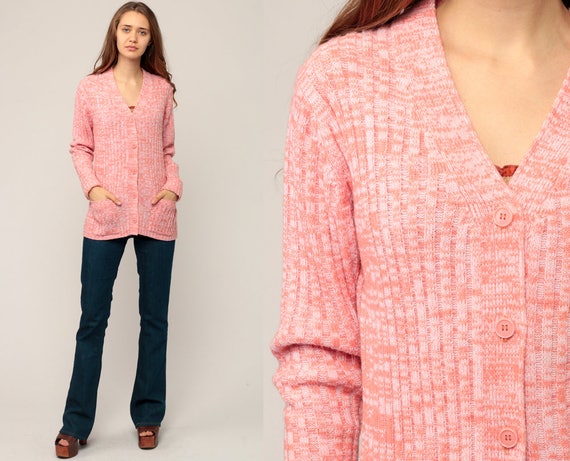70s Cardigan Boho Sweater Space Dye Hippie Sweater Orange Pink 1970s Button Up dyed Seventies Acrylic Knit Retro Vtg Medium