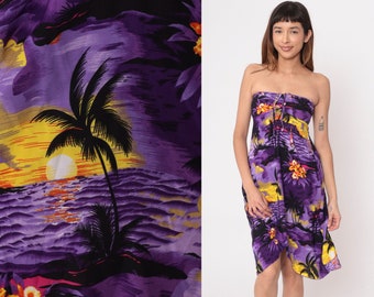 Strapless Sun Dress Purple Palm Tree Sailboat Sundress 00s Tropical Floral Summer Midi Vintage High Low Hem 2000s Extra Small xs 2xs