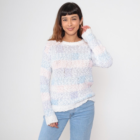 Pastel Sweater 80s Striped Sweater SHEER Textured  Baby Pink Blue Purple Kawaii Nubby Popcorn Knit Fairy Kei Pullover 1980s Vintage Small