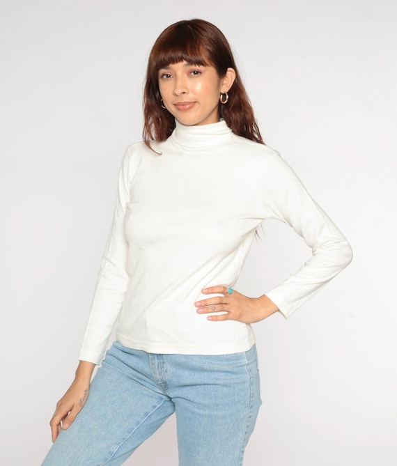 White Turtleneck Shirt 90s Layering Long Sleeve Shirt Pullover Top Retro Turtle Neck Simple Plain Cotton Vintage 1990s Medium