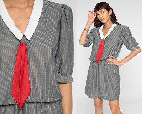 80s Secretary Dress Grey Striped Dress Semi-Sheer Puff Sleeve Dress Ascot Necktie Mini White Contrast Collar High Waist 1980s Vintage Medium