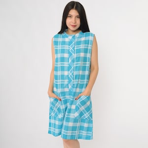 60s Plaid Dress Aqua Blue White Check Vintage Shift Carol Brent Retro Summer Cottagecore Picnic Tennis Golf Country Club Classic Large L