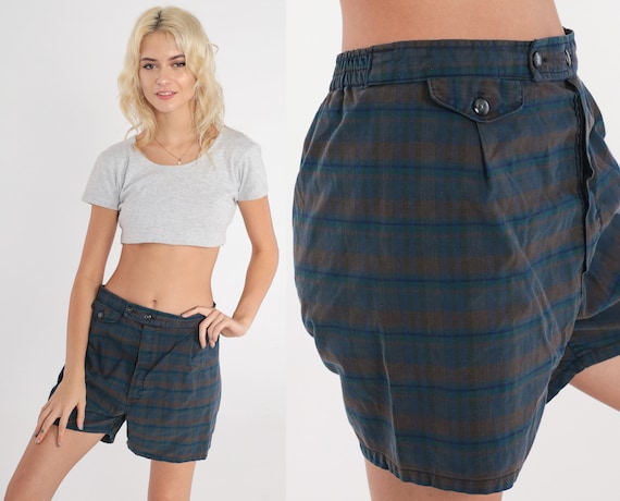 70s Plaid Swim Trunks Vintage Bathing Suit Dark Blue Brown Shorts Checkered Print High Waisted Shorts 1970s Preppy Navy Small S