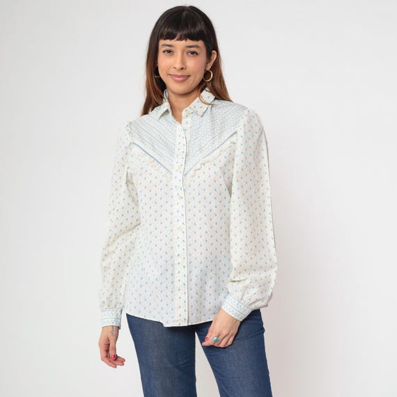 Vintage Western Prairie Blouse 70s 80s Calico Floral Shirt Puff Sleeve Top White Lace Trim Long Sleeve Button Up Cottagecore 1970s Medium M
