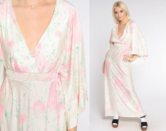 70s Floral Maxi Dress Boho Angel Wing Sleeve V Neck Empire Waist Hippie Bohemian Festival Seventies Summer White Pink Vintage 1970s Small S