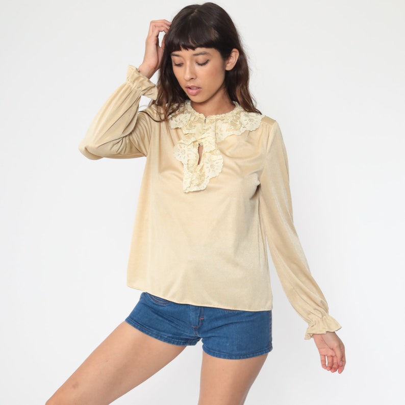 Tuxedo Lace Blouse Boho Hippie Blouse 70s Cream Shirt 1970s Blouse Beige Bohemian Top Retro Vintage Long Sleeve Tunic Hippy Small Medium