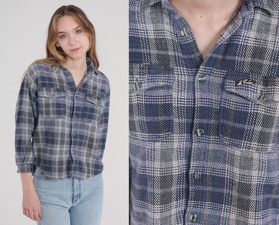 Blue Flannel Shirt 90s Plaid Button up Shirt Retr… - image 1