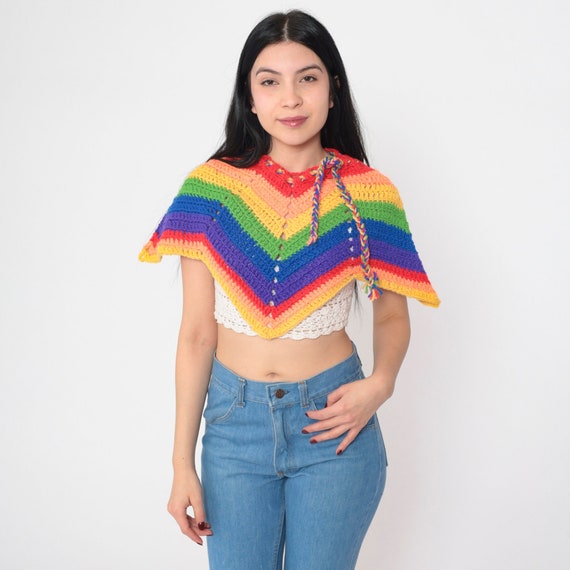 Rainbow Poncho 70s Hippie Shawl Cutout Knit Cape Striped Crop Top Crochet Afghan Cropped Poncho Bohemian Festival Cropped Vintage 1970s XS