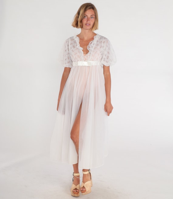 70s Lingerie Robe White Lace Bed Jacket Long Nightgown Pajama Robe Sheer Midi Nightie Open Front Ribbon Bow Loungewear Vintage 1970s Small S