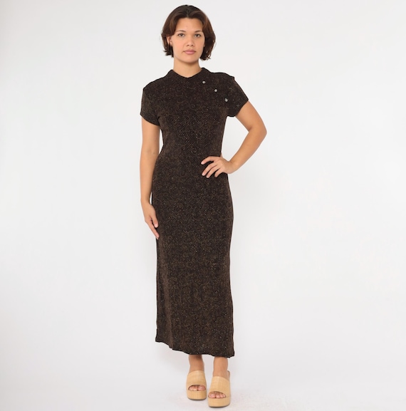 Vintage Glittery Floral Dress 90s Brown Sparkly Maxi Dress Short Sleeve Cheongsam Style Party Bohemian 1990s Stretchy Small 4