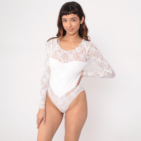 White Lace Bodysuit 80s Sheer See Through Teddy Lingerie V Neck High Cut Floral Romantic Bridal Wedding Night Coquette Vintage Small S