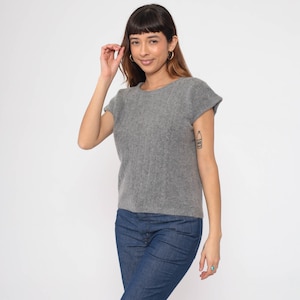 Grey Sweater Top 80s Cap Sleeve Ribbed Lambswool Angora Knit Shirt Retro Sweater Top Eighties Knitwear Textured Vintage 1980s Small S