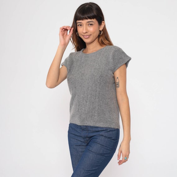 Grey Sweater Top 80s Cap Sleeve Ribbed Lambswool Angora Knit Shirt Retro Sweater Top Eighties Knitwear Textured Vintage 1980s Small S