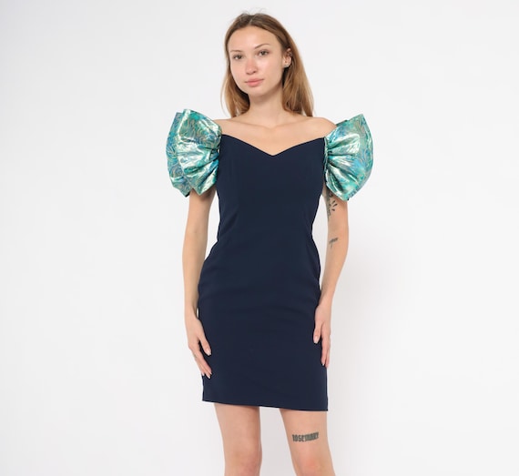Metallic Puff Sleeve Cocktail Dress Navy Blue Off Shoulder Sweetheart Neckline Bodycon 90s Mini Party Iridescent Teal Evening Small S