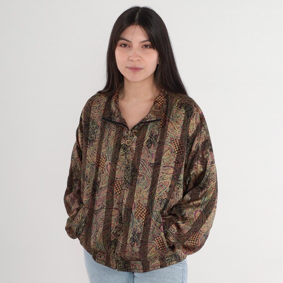 Paisley Bomber Jacket 90s Striped Windbreaker Zip Up Jacket Heart Zipper Retro Bohemian Grunge Statement Pattern Coat Vintage 1990s Medium M