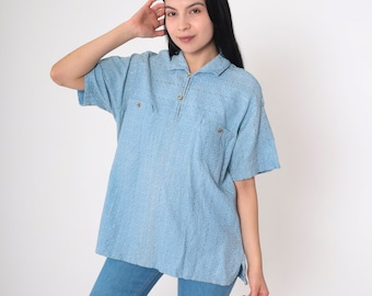 Metallic Polo Shirt 70s Baby Blue Collared T-Shirt Retro Disco Top Collared Seventies Party Summer Short Sleeve Blouse Vintage 1970s Large L