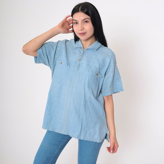 Metallic Polo Shirt 70s Baby Blue Collared T-Shirt Retro Disco Top Collared Seventies Party Summer Short Sleeve Blouse Vintage 1970s Large L