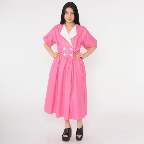 Vintage Pink Dress 80s Midi Cotton Poly Poplin White Lapel Collar Double Breasted High Elastic Waist Full Skirt 1980s Short Sleeve Small