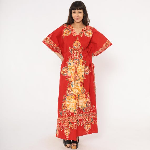 Red Kaftan Dress 90s Paisley Print Maxi V Neck Flutter Sleeve Batik Floral Cotton Caftan Empire Waist Crimson Gold Small Medium S M