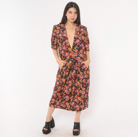 90s Floral Wrap Dress Black Red Orange Rose Print Deep V Neck Puff Sleeve Midi Gathered Waist Side Pockets  Vintage Flower Frock Large L