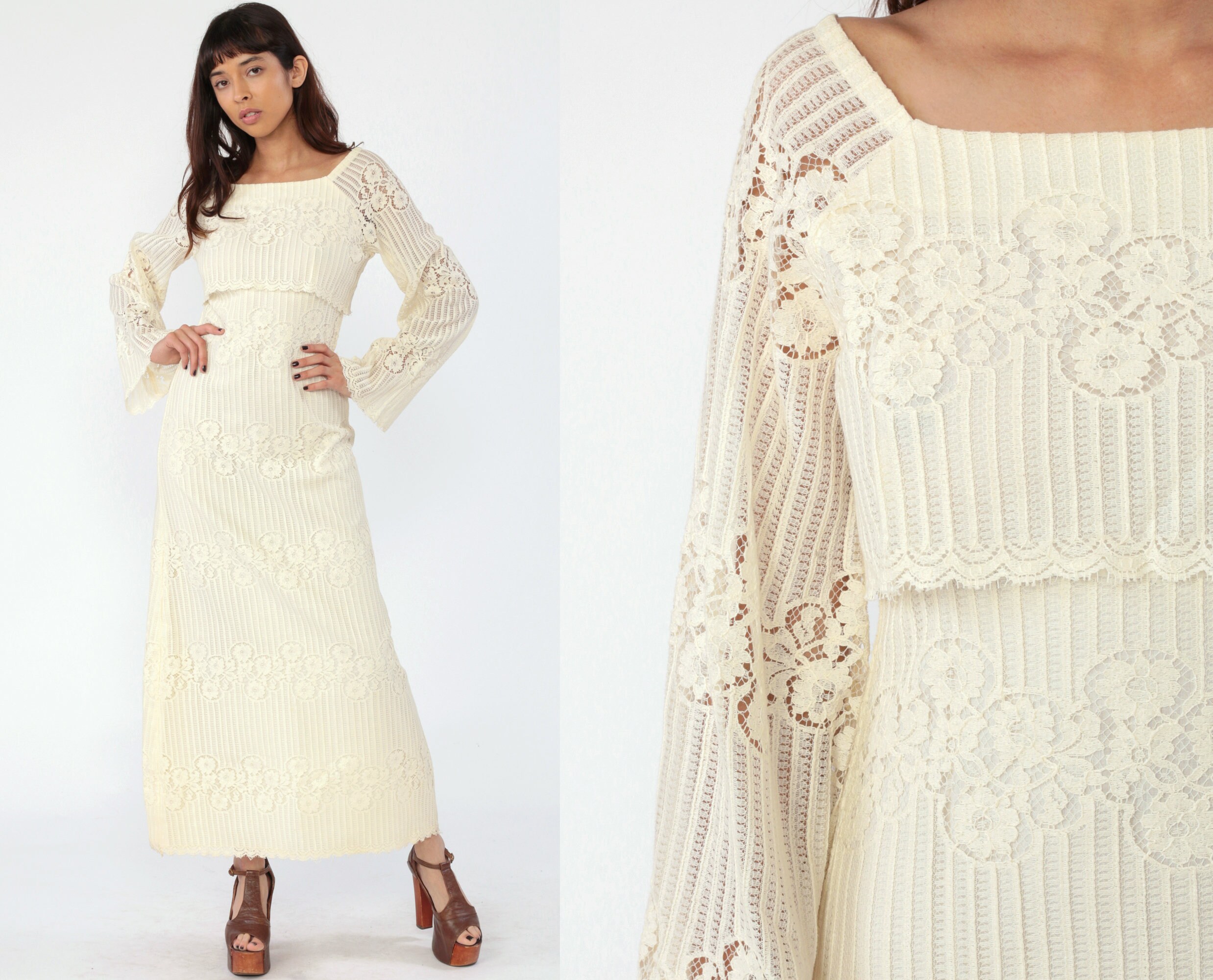 Cream Lace Dress 70s Bohemian Wedding Bell Sleeve Party Hippie Boho Empire Waist Vintage Formal 