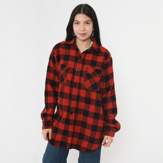 Vintage Buffalo Plaid Shirt 70s Wool Blend CPO Flannel Red Black Lumberjack Button Up Long Sleeve 1970s Frostproof Men's 15 1/2 Medium M