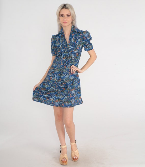 70s Floral Dress Blue Mini Dress Puff Sleeve Coll… - image 2