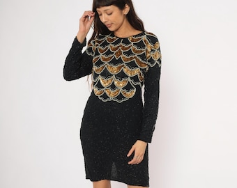 Vestido dorado con cuentas festoneadas, estilo años 90, de seda negra con lentejuelas, para cóctel, minivestido art déco adornado, elegante para fiestas, ropa de club, vintage, talla grande, pequeña, LP