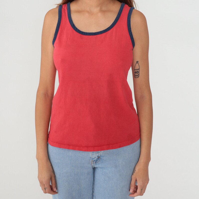 Red Tank Top 80s Ringer Tee Shirt Sleeveless T-Shirt Retro Basic Plain Solid Summer Sporty TShirt Solid Single Stitch 1980s Vintage Medium M image 6