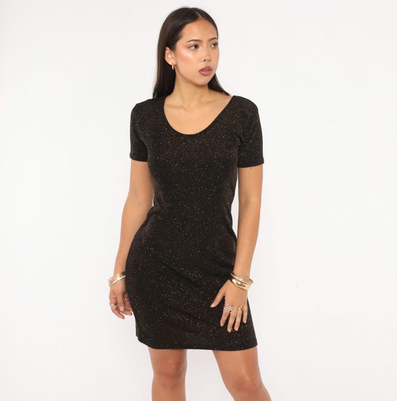 Gold Glitter Bodycon Dress 90s Mini Short Sleeve Sparkle Club Party Black Shimmer Stretch Fitted Going Out Cocktail Night Vintage Large L