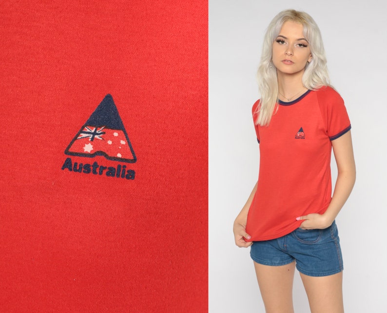 Australia T Shirt 80s Red Ringer Tee Retro Soft Raglan Sleeve T-Shirt Hipster Tourist Australian Flag Graphic Top Vintage 1980s Small S image 1