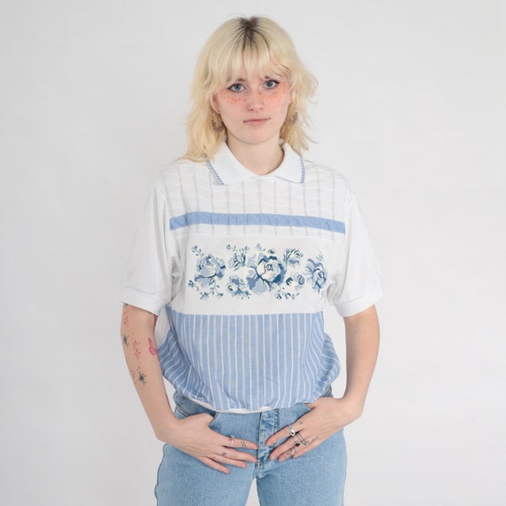 Striped Floral Blouse White Slouchy Shirt 90s Top Vintage Collared Shirt 1990s Casual Blue Short Sleeve Large L
