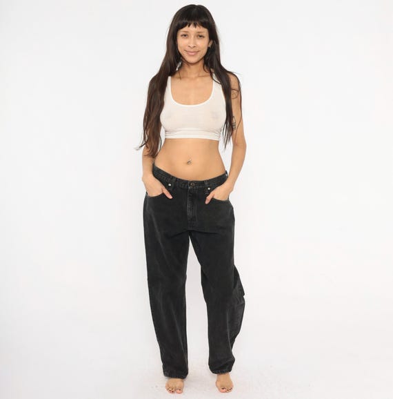 Wrangler Black Jeans 2000s Faded Denim Straight Leg Cotton Relaxed Fit High Rise Charcoal Wash Dark Baggy Casual Pants Trousers Large L