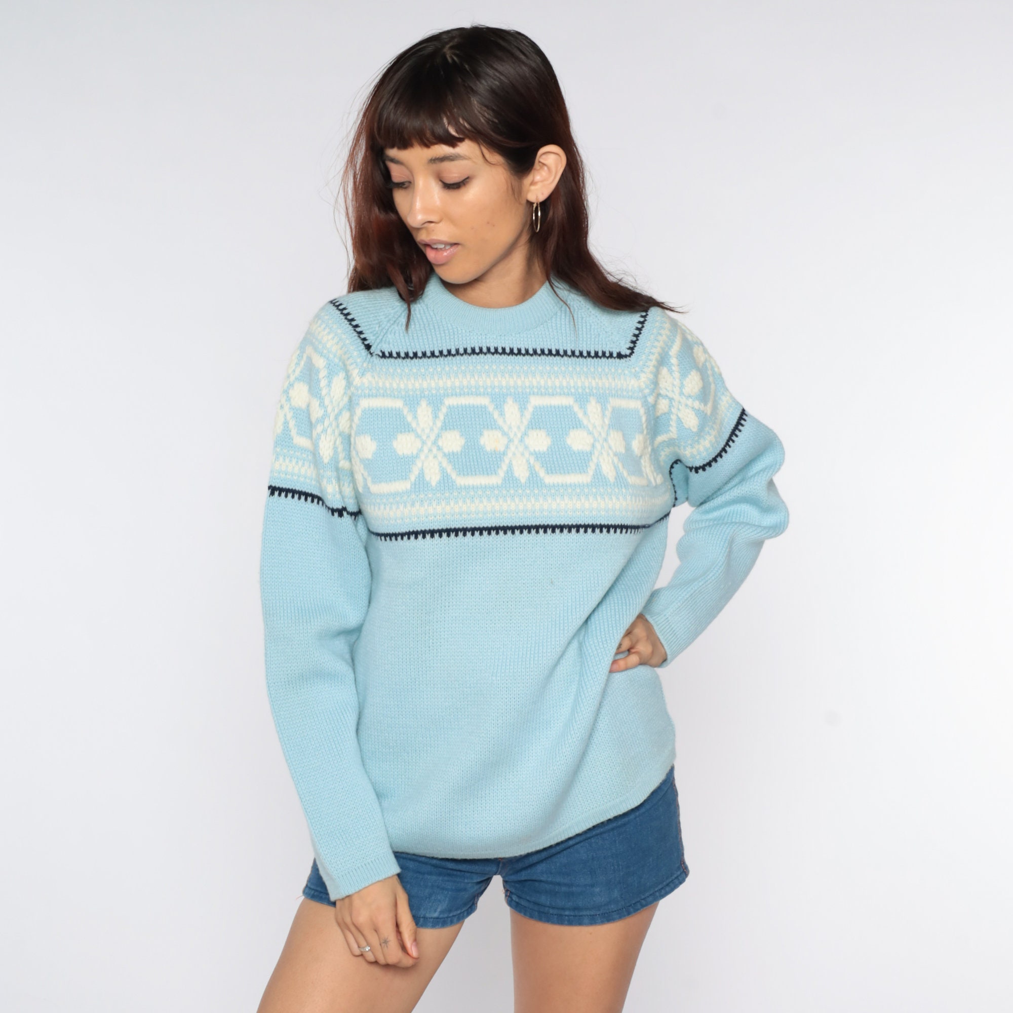 70s Meister Ski Sweater Baby Blue Nordic Sweater Wool Sweater Pastel Raglan Sleeve Knit Jumper 