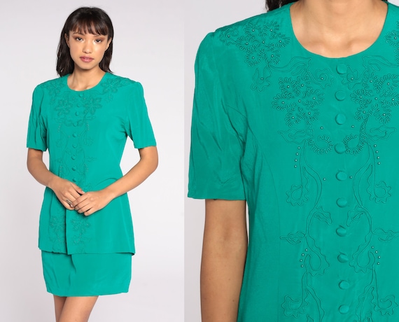 Green Beaded Dress 90s Sheath Dress Soutache Mini Dress Pencil Wiggle Dress Secretary Button Up Vintage Minidress Short Sleeve Medium