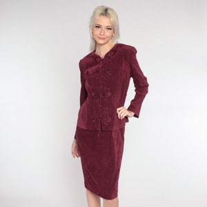 Burgundy Midi Dress 90s Floral Embroidered Dress Faux Suede Long Sleeve Shift Dress Vintage Pencil 1990s Karin Stevens Medium