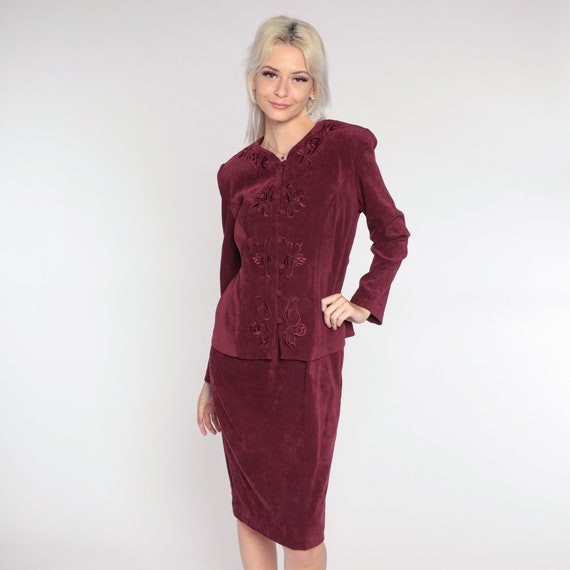 Burgundy Midi Dress 90s Floral Embroidered Dress Faux Suede Long Sleeve Shift Dress Vintage Pencil 1990s Karin Stevens Medium