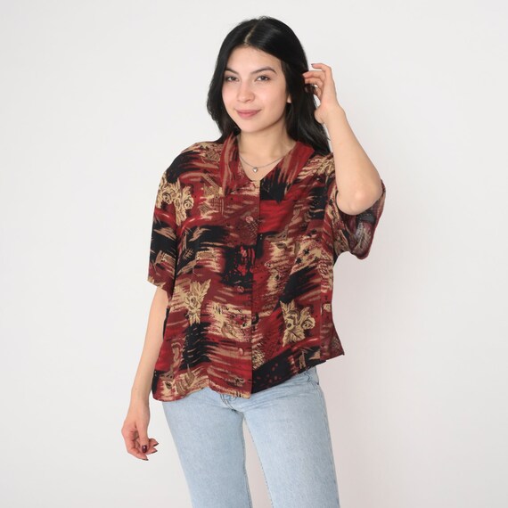 Abstract Blouse 90s Button up Shirt Red Scribble Flower Print Top Cutout Back Slit Short Sleeve Collared Statement Vintage 1990s 20 3xl xxxl