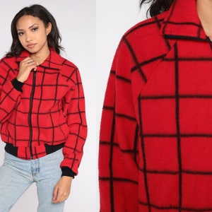 Polar Fleece Jacket 80s Red Plaid Sweatshirt Checkered Zip Up Fleece Bomber Jacket 1980s Cozy Black Vintage Retro Mens Small S image 1