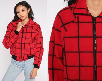 Polar Fleece Jacket 80s Red Plaid Sweatshirt Checkered Zip Up Fleece Bomber Jacket 1980s Cozy Black Vintage Retro Mens Small S