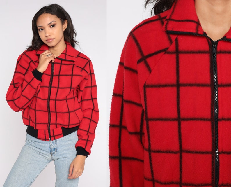 Polar Fleece Jacket 80s Red Plaid Sweatshirt Checkered Zip Up Fleece Bomber Jacket 1980s Cozy Black Vintage Retro Mens Small S image 1