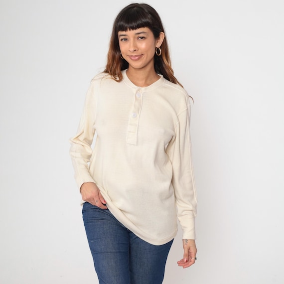 Military Undershirt Distressed Cotton Wool Blend Henley Shirt Cream Thermal 80s Long Sleeve Winter Shirt Plain Top Vintage Army Medium