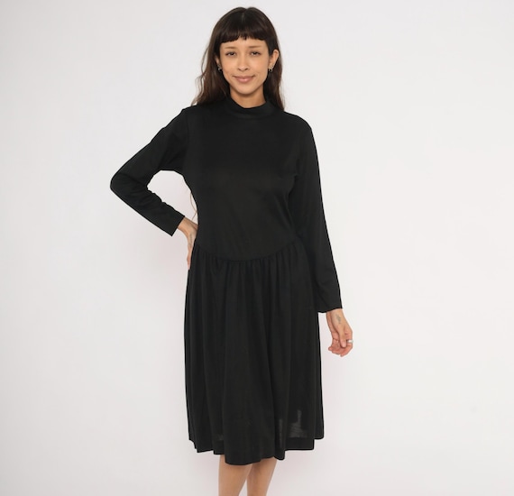 80s Mock Neck Dress Black Drop Waist Long Sleeve Fit Flare Gothic Grunge Minimal Turtleneck Frock Dark Academia Style Vintage Medium M