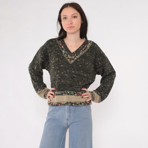 Vintage Floral Embroidered Sweater 90s Space Dye Pullover Knit Sweater V Neck Black Grey Beige Retro Slouchy Acrylic Cotton 1990s Large