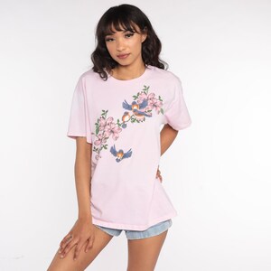Floral Bird Shirt 90s TShirt Vintage Baby PinkShirt Retro T Shirt Graphic Tee Wilderness Screen Print 1990s t shirt Large L image 3