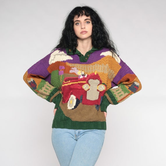 Princess Car Sweater 90s Novelty Pullover Jacquard Knit Fantasy Earth Tone Boho Polo Sweater Vintage Cotton Statement Racing Large L