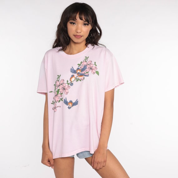 Floral Bird Shirt 90s TShirt Vintage Baby PinkShirt Retro T Shirt Graphic Tee Wilderness Screen Print 1990s t shirt Large L