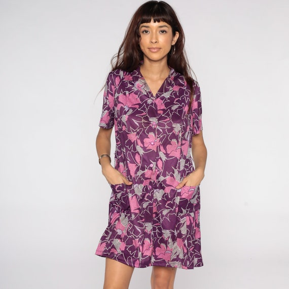 Purple Floral Dress Mod Shift Dress 70s Mini Butt… - image 2