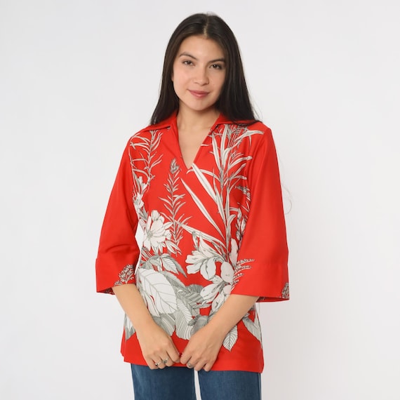 70s Floral Shirt Red Dagger Collar Botanical V Neck Blouse Retro Disco Shirt 3/4 Sleeve Collared Top Groovy Hippie Vintage 1970s Medium M